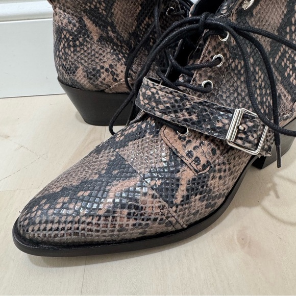 AllSaints Katy Leather Boots Taupe Snake Print Women EU 40 US 10 Heeled Lace Up - Picture 3 of 16